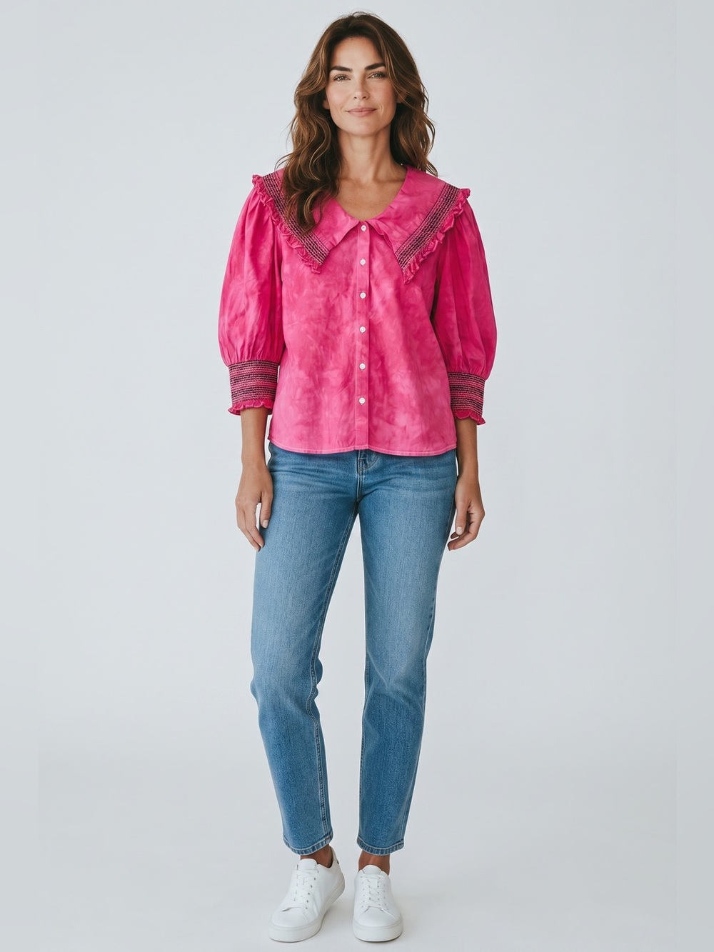 Zara Smocked Wide Collar Puff Sleeve Top // Pink // XS